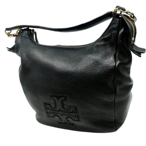 TORY BURCH~Harper~BLACK PEBBLED LEATHER HOBO SHOULDER BAG - Picture 1 of 6
